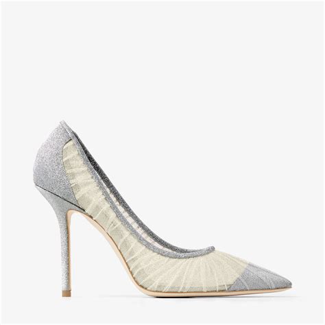 metallic silver glitter fabric pumps with ivory tulle overlay|JIMMY CHOO Love 100 Metallic Silver Glitter Fabric Pumps With .